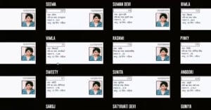 A grid showing identification cards of ten women, each card with a photo, name, ID number, and details in Hindi about age, gender, and blood group, all against a black background.