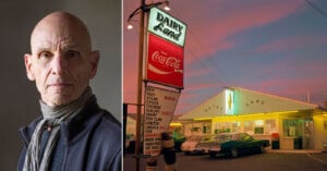 A split image: on the left, an older man with a bald head and scarf looks at the camera; on the right, classic cars are parked outside a retro Dairy Land diner at sunset with a Coca-Cola sign visible.