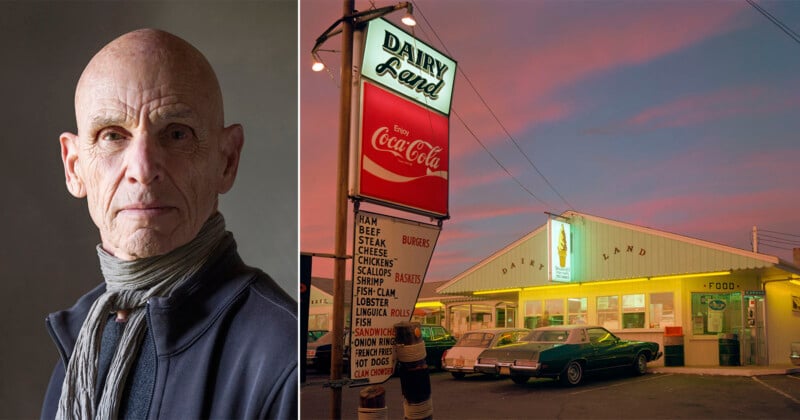 A split image: on the left, an older man with a bald head and scarf looks at the camera; on the right, classic cars are parked outside a retro Dairy Land diner at sunset with a Coca-Cola sign visible.