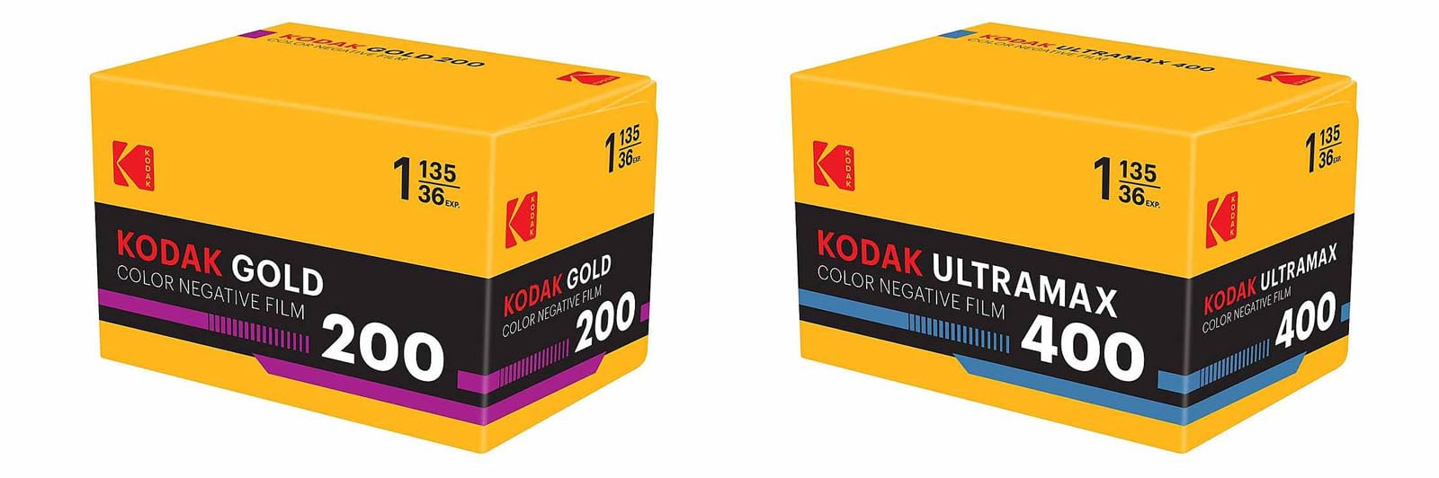 Two Kodak film boxes: one is Kodak Gold 200 (yellow and purple) and the other is Kodak Ultramax 400 (yellow and blue), both 35mm color negative film, 36 exposures.