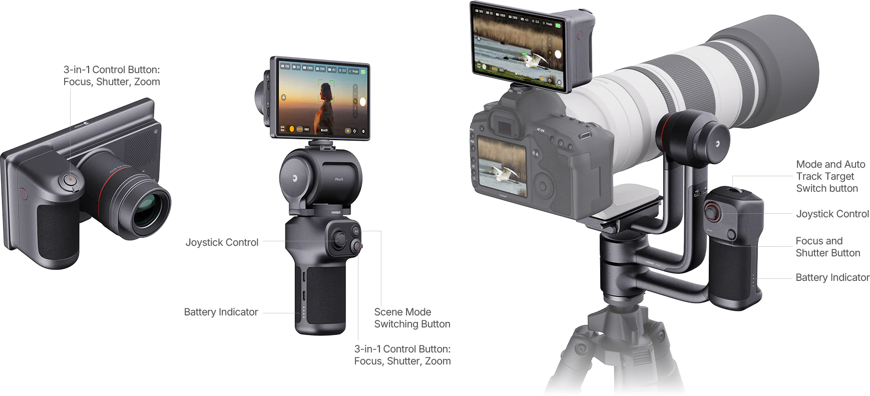 Se muestran tres cámaras digitales de pantalla grande: una cámara de mano, una cámara con estabilizador de cardán y una cámara profesional con teleobjetivo y pantalla, todas sobre un fondo blanco con etiquetas.