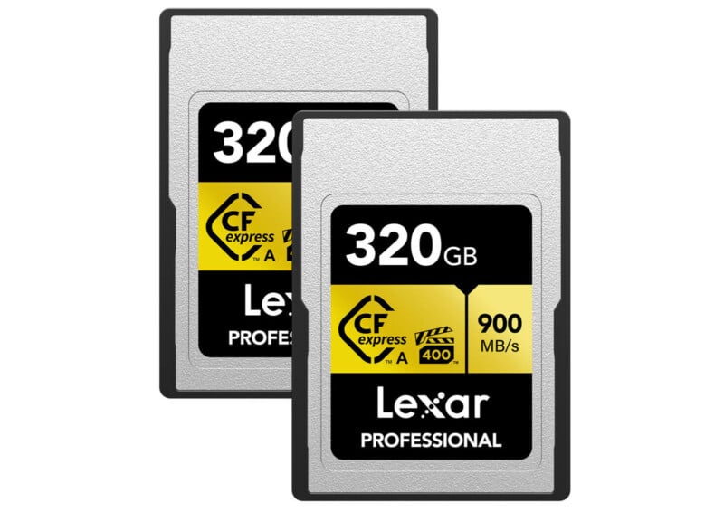 Two Lexar Professional CFexpress memory cards, each with a storage capacity of 320GB and a read speed of 900 MB/s, are shown side by side against a white background.