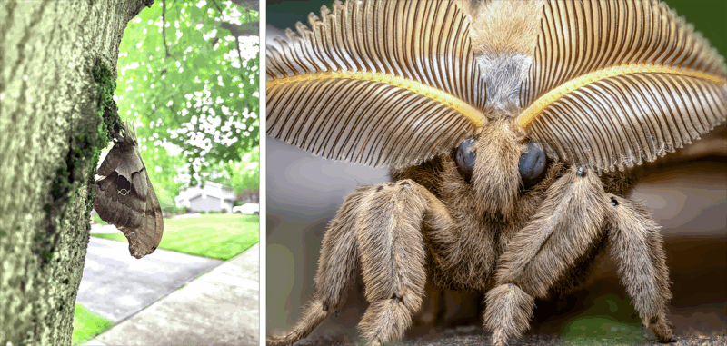 Left: A brown moth clings to tree bark beside a sidewalk. Right: Close-up of a fuzzy moth’s head and large, feathery antennae, showing fine details of its eyes and hairs.