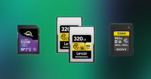 A selection of four memory cards from different brands, including an OWC 512GB SD card, two Lexar CFexpress 320GB cards, and a Sony 960GB CFexpress card, displayed against a green and blue gradient background.