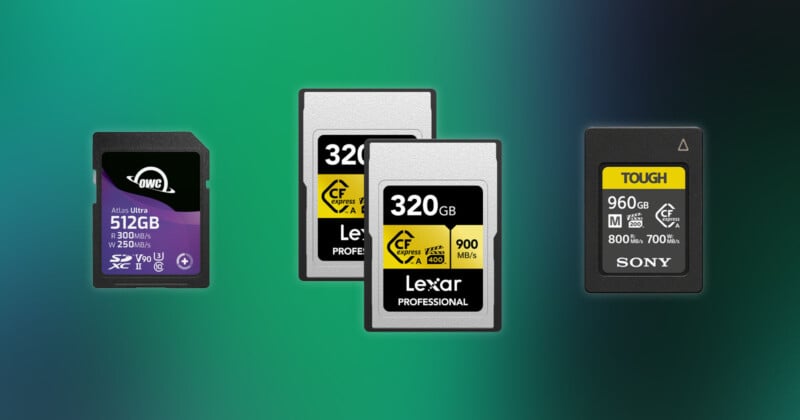 A selection of four memory cards from different brands, including an OWC 512GB SD card, two Lexar CFexpress 320GB cards, and a Sony 960GB CFexpress card, displayed against a green and blue gradient background.