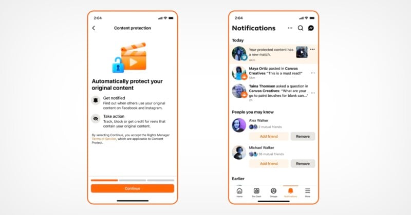 Dos pantallas móviles: la izquierda muestra la configuración de Protección de contenido con opciones para proteger el contenido original en línea y la derecha muestra una página de notificación de redes sociales con publicaciones y sugerencias de amigos.