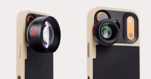 Two smartphones in beige and black cases, each fitted with detachable external camera lenses over the rear cameras, designed to enhance mobile photography.