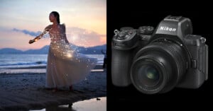 A split image shows a woman in a flowing white dress spinning sparklers on a beach at sunset, beside a close-up of a Nikon Z-series camera against a black background.