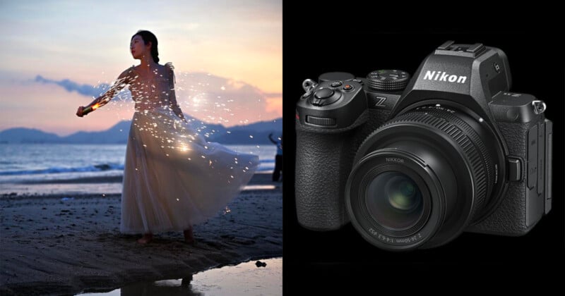 Una imagen rota muestra a una mujer con un vestido blanco suelto haciendo girar fuegos artificiales en una playa al atardecer, junto a un primer plano de una cámara Nikon serie Z sobre un fondo negro.