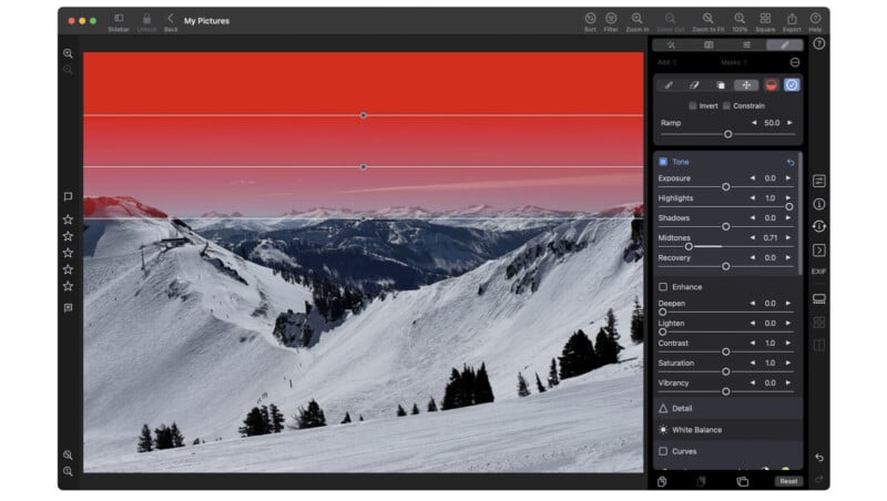 A photo editing software window shows a snowy mountain landscape being edited. A red gradient mask covers the sky, and adjustment sliders for tone and other settings are visible on the right sidebar.