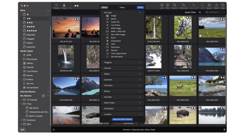 A photo management software window displays a grid of nature photos with filenames, ratings, and stars. The "Filters" dropdown menu is open, showing options to sort and organize images, such as tags, favorites, and file type.