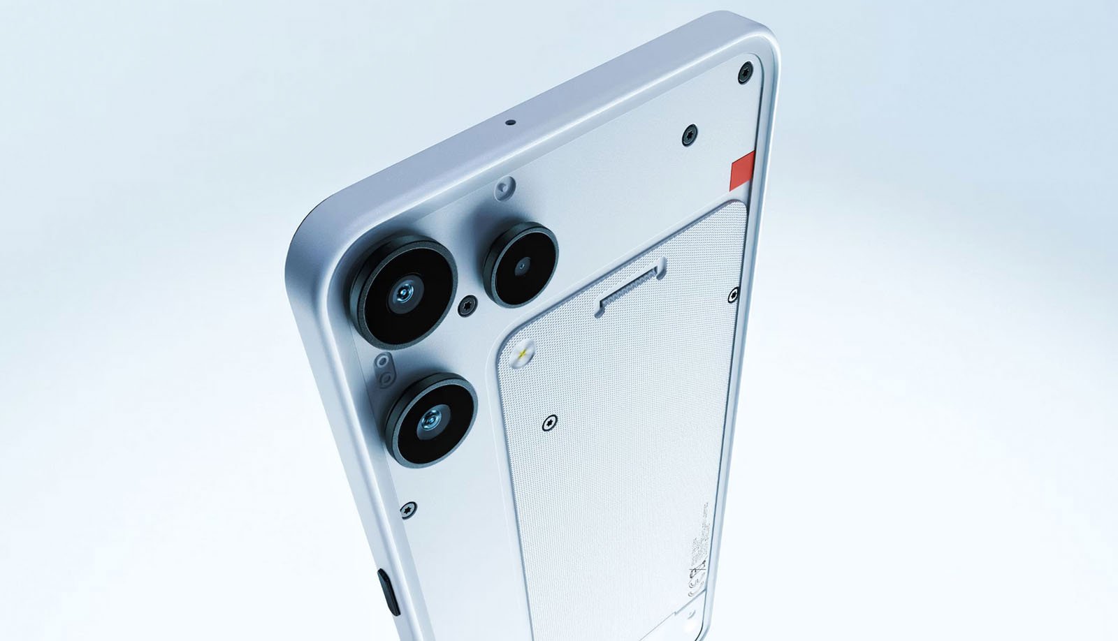 A close-up view of the upper back of a modern smartphone with a dual camera setup, a transparent or frosted panel, and visible decorative screws, against a light background.