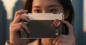 A person holds a vintage-style camera up to their face, preparing to take a photo. The camera’s lens is circled in red, drawing attention to it. The background is blurred, focusing on the person and camera.