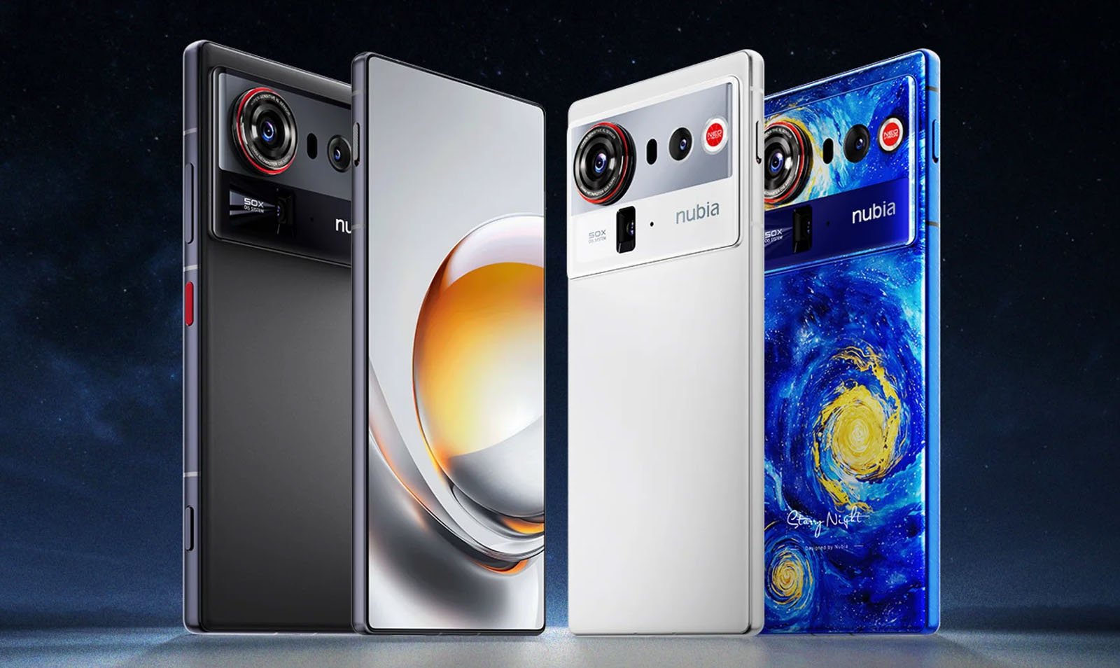 Se muestran tres teléfonos inteligentes en posición vertical: uno en negro, otro en blanco y otro en azul con un patrón de cielo estrellado. Cada uno viene con un módulo de cámara trasera grande y "Nubia" Logotipo de la marca en la espalda.