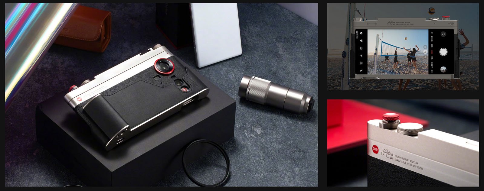 Se coloca una cámara elegante sobre una superficie oscura con una lente cerca; un primer plano muestra los controles de la cámara y una pantalla que muestra una fotografía de dos personas jugando voleibol de playa.