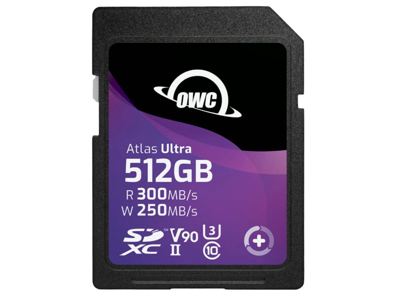 A black OWC Atlas Ultra SD card with a purple label showing 512GB storage, read speed of 300MB/s, write speed of 250MB/s, and logos for SDXC II, V90, U3, and Class 10.