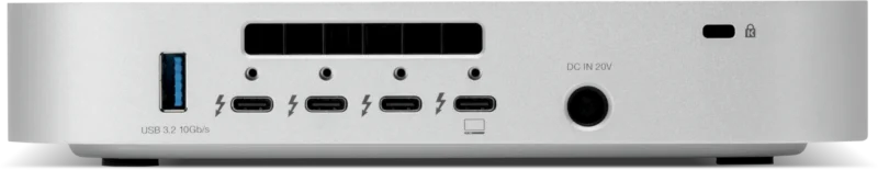 Close-up of the back panel of a silver computer showing one USB-A port, four Thunderbolt ports, an HDMI port, a power input, air vents, and a Kensington lock slot.