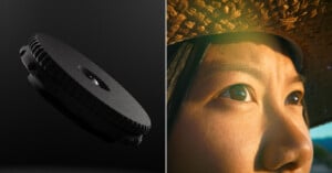 Split image: Left side shows a close-up of a round, textured camera lens cap against a dark background. Right side shows a close-up of a person’s face in sunlight, wearing a woven hat and looking upwards.