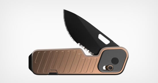 A compact folding knife with a black, partially serrated blade and a metallic bronze handle, shown partially open against a plain white background.