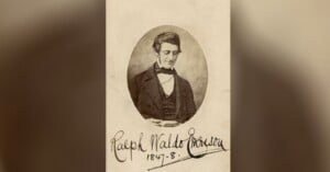 A sepia-toned portrait of a man in 19th-century attire looking down, framed in an oval. Below the image, "Ralph Waldo Emerson 1847-8" is handwritten in cursive.