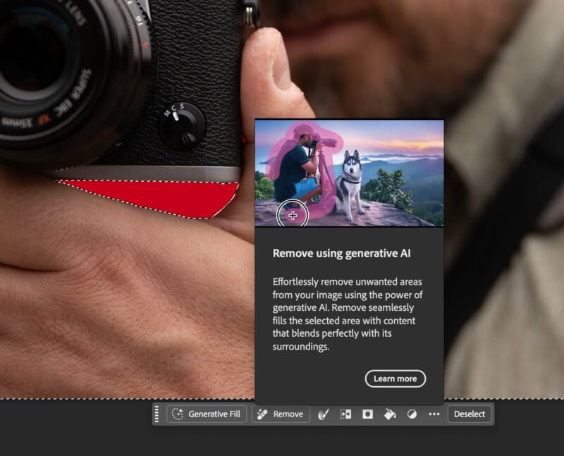 Photoshop's new Remove button simplifies object removal.