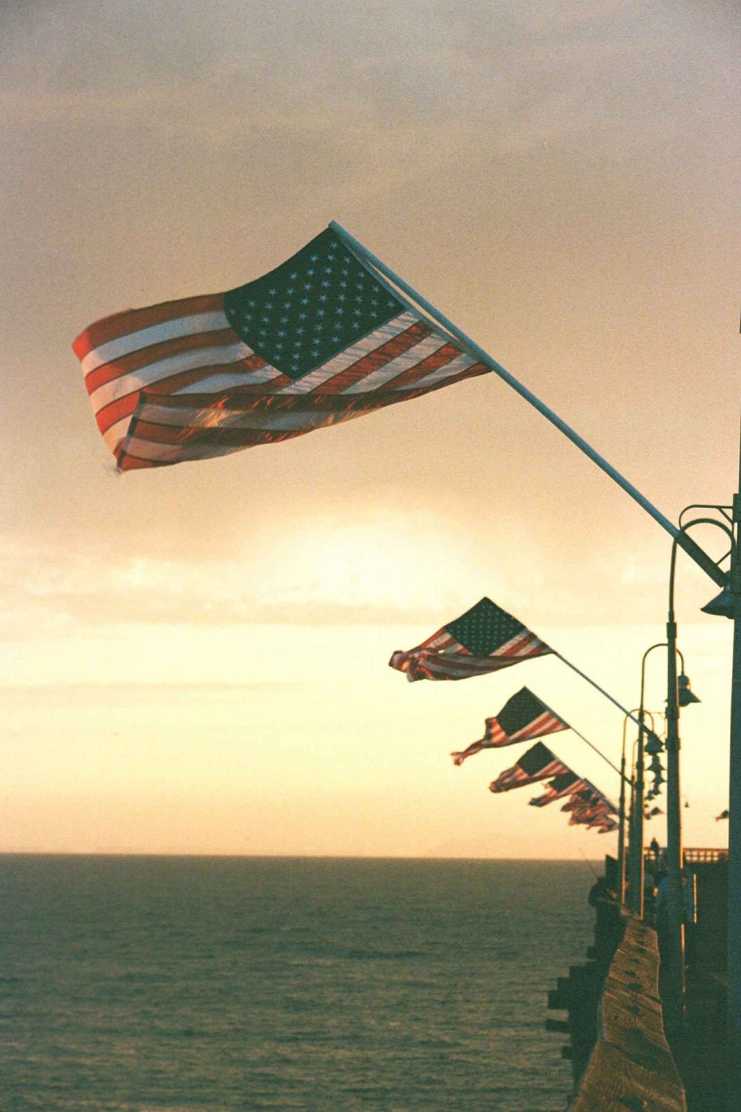 Rows of American flags wave on poles along a pier at sunset, with the ocean and a golden sky in the background.