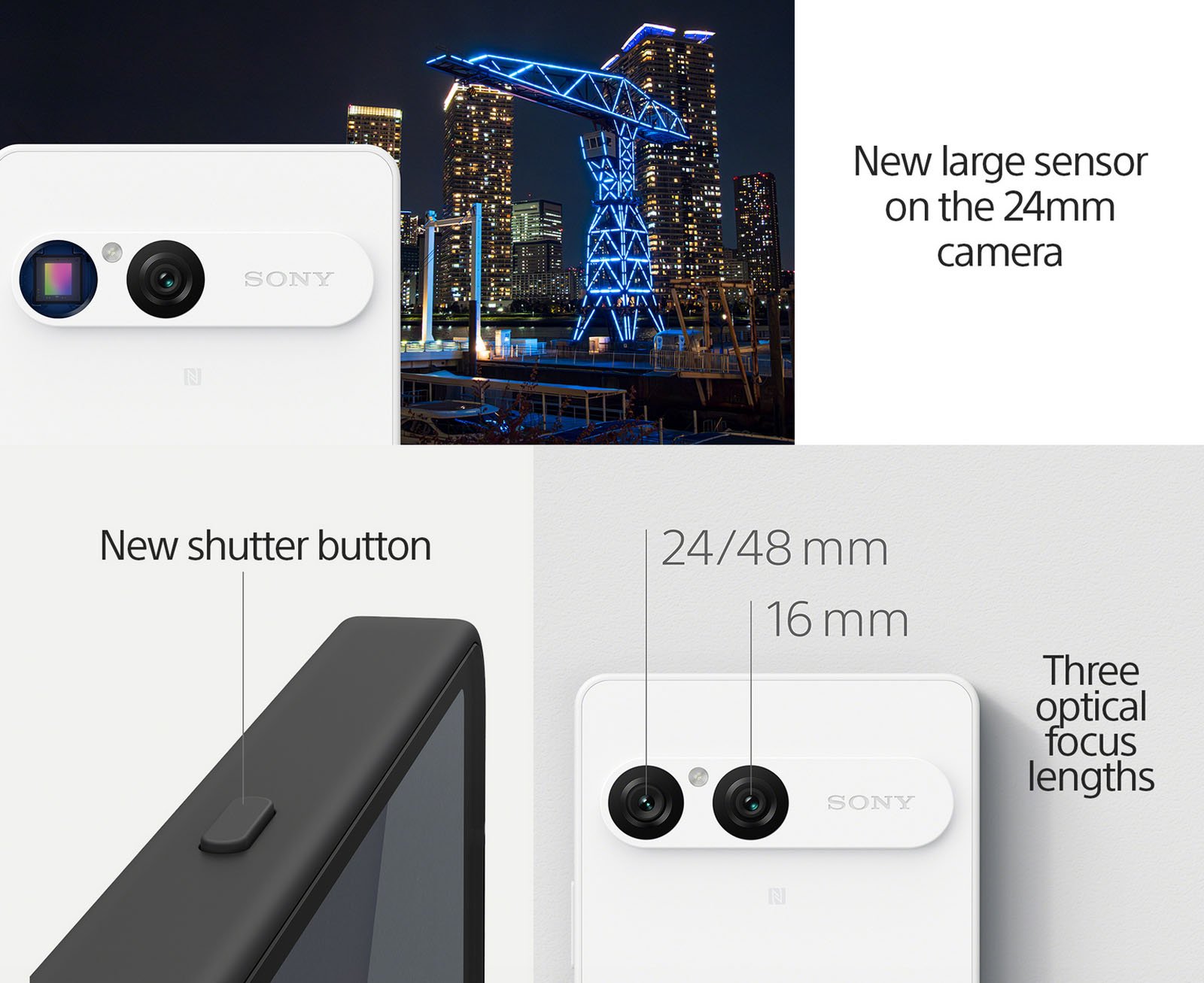 Las imágenes promocionales del teléfono inteligente de Sony destacan sus tres lentes de cámara (24 mm, 48 mm y 16 mm), un nuevo botón del obturador y un gran sensor de cámara, con una fotografía de un paisaje urbano nocturno de fondo.