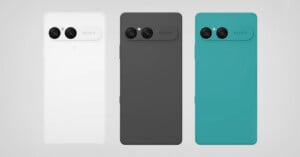 Three Sony smartphones are shown from the back in white, black, and teal colors, each featuring a large horizontal camera module with two lenses near the top. The background is light gray.