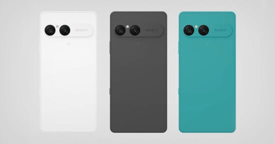 Three Sony smartphones are shown from the back in white, black, and teal colors, each featuring a large horizontal camera module with two lenses near the top. The background is light gray.