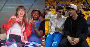 A split image showing two scenes: on the left, a woman and a man laugh and clap in a stadium; on the right, two men in casual clothes chat and smile while holding drinks, surrounded by fans in yellow shirts.