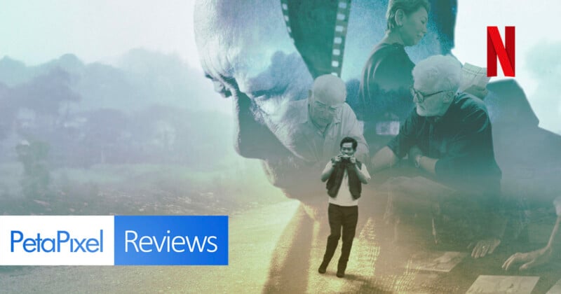 A digital collage shows a man with a camera, elderly people reviewing materials, a misty landscape, and the Netflix logo. The 