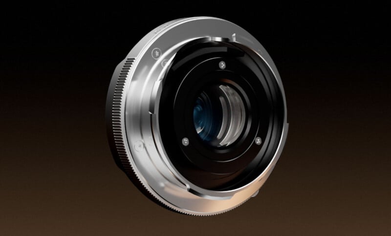 A close-up view of a camera lens mount, showing the metallic and black components, glass elements, and screws against a dark gradient background.