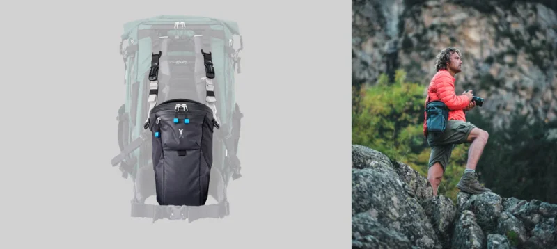 A close-up of a black camera bag attached to a hiking backpack is on the left; on the right, a person in a red jacket stands on rocky terrain holding a camera, with the bag worn at their side.