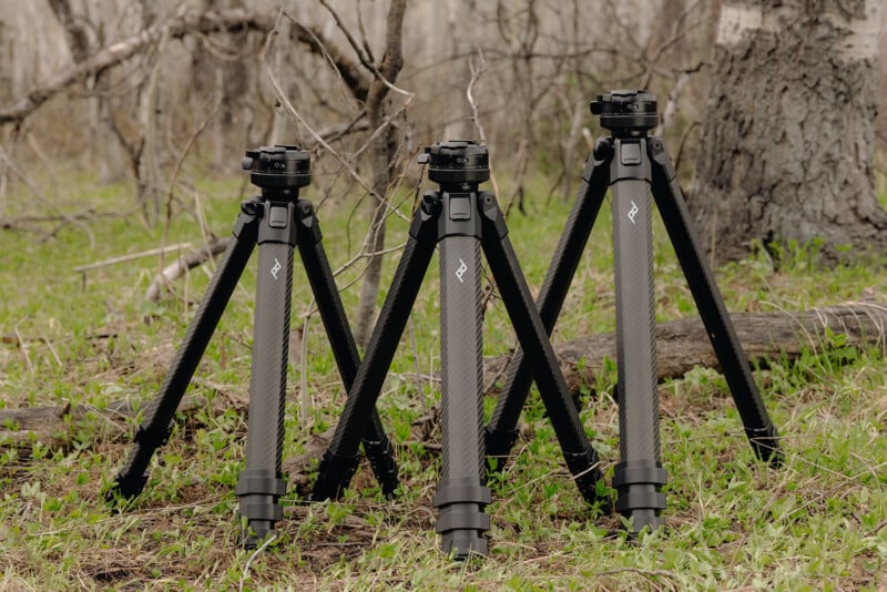 Three black, carbon fiber tripods are set up on green grass in a forested area with bare trees and tree trunks in the background. The tripods are different heights and are branded with a white logo.