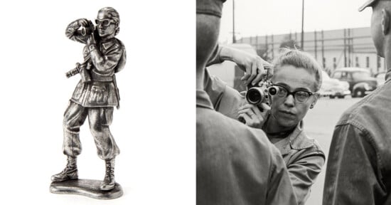 A metallic figurine of a woman photographer with a camera is shown on the left; on the right, a black-and-white photo shows a woman wearing glasses taking a photo of people outdoors with a camera.