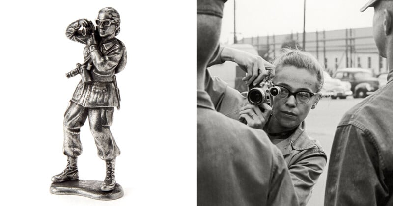 A la izquierda hay una estatua de metal de una fotógrafa sosteniendo una cámara; a la derecha, una fotografía en blanco y negro muestra a una mujer con gafas tomando fotografías de personas al aire libre con una cámara.