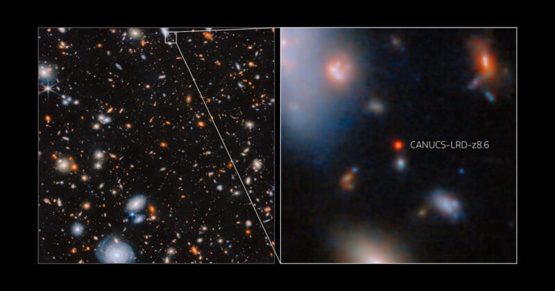 A deep space image shows a field of distant galaxies on the left, with a zoomed-in section on the right highlighting a faint red object labeled "CANUCS-LRD-28.6" among other galaxies.