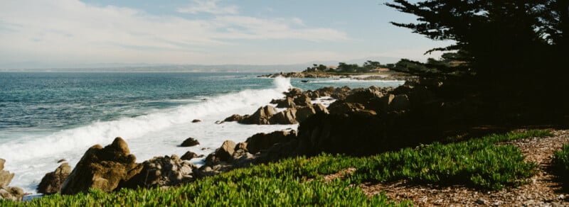 Waves crash against rocky cliffs along a coastline under a blue sky, with green vegetation in the foreground and pine trees to the right. Distant mountains are visible on the horizon.
