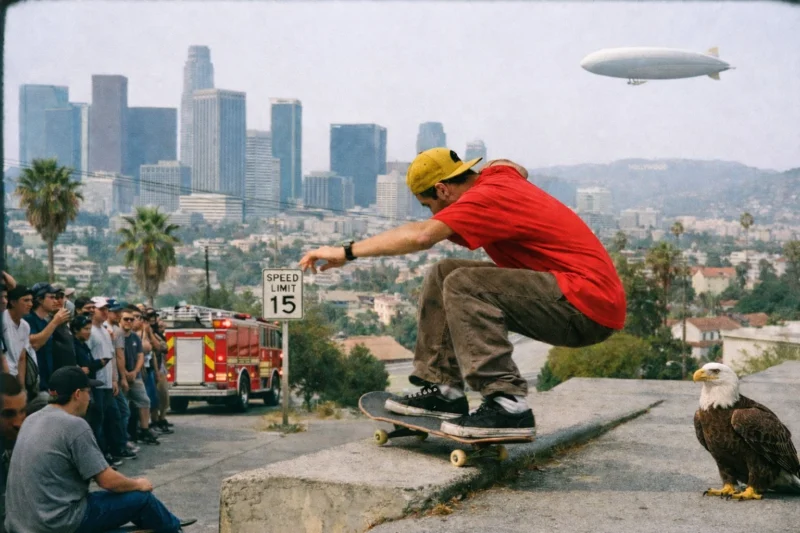 A skateboarder in a red shirt and yellow cap performs a trick in front of a crowd, with a fire truck, speed limit sign, bald eagle, blimp, and city skyline in the background.