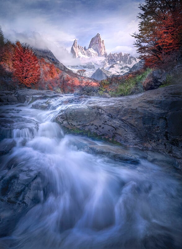 Un torrente de montaña fluye sobre rocas, rodeado de vibrantes árboles otoñales de color rojo, y picos puntiagudos cubiertos de nieve se elevan bruscamente al fondo bajo un cielo parcialmente nublado.