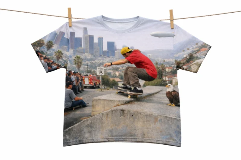 A T-shirt with a graphic showing a skateboarder performing a trick in a city scene, with onlookers, a fire truck, a bald eagle, palm trees, and skyscrapers in the background, hanging on a clothesline.