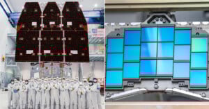 A group of engineers in white cleanroom suits stand in front of a large spacecraft with folded solar panels (left); a close-up of blue-tinted square sensors on a metallic frame (right).
