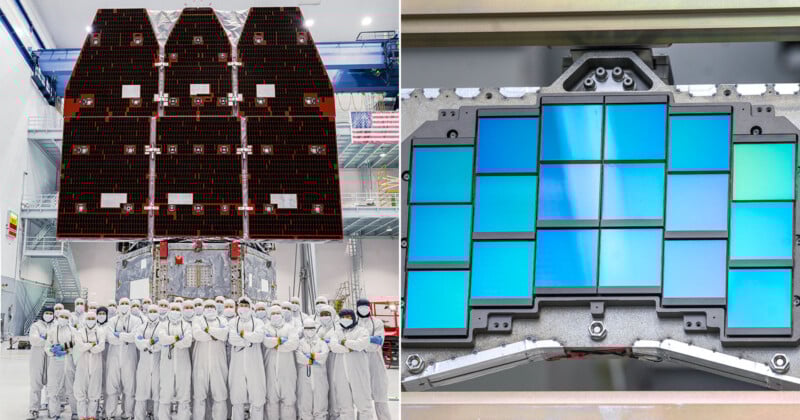 Un grupo de ingenieros vestidos con monos blancos de sala blanca se encuentran frente a una gran nave espacial equipada con paneles solares plegados (izquierda); Primer plano de un sensor cuadrado azul sobre un marco de metal (derecha).