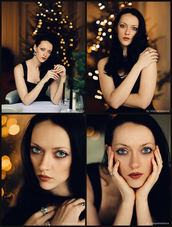 A woman with long dark hair and blue eyes poses in four different close-up shots in front of a blurred, lit Christmas tree, wearing a black dress and silver rings.