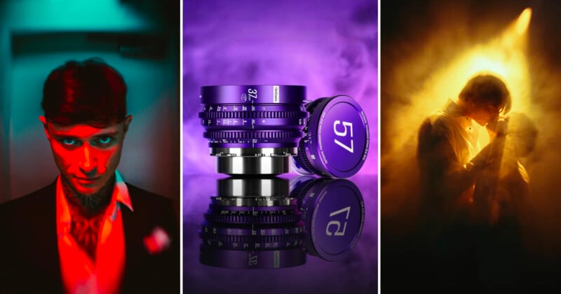 Tríptico: a la izquierda hay un hombre con espectaculares luces rojas y azules; a la derecha hay un hombre. En el centro, dos lentes de cámara de color púrpura se asientan sobre una superficie reflectante sobre un fondo de color púrpura; a la derecha, dos personas se inclinan juntas, rodeadas por un cálido resplandor dorado.