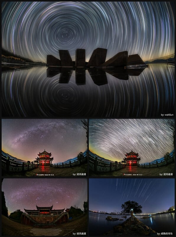 Un collage de seis fotografías del cielo nocturno muestra rastros de estrellas y la Vía Láctea sobre un pabellón tradicional chino, aguas tranquilas y la silueta de una estructura de piedra, reflejando patrones celestiales en un tranquilo paisaje nocturno.