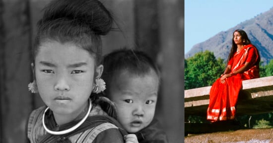 A black-and-white photo shows a girl with earrings carrying a younger child on her back, while a color photo beside it shows a woman in a red sari sitting outdoors against a mountain backdrop.