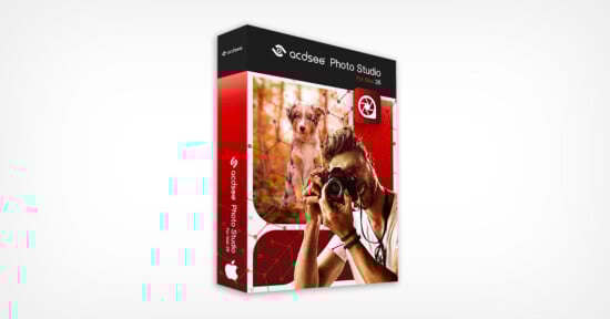 A software box for ACDSee Photo Studio for Mac 8 features a photo of a man taking a picture with a camera, and a dog in the background, on a red and white geometric design.