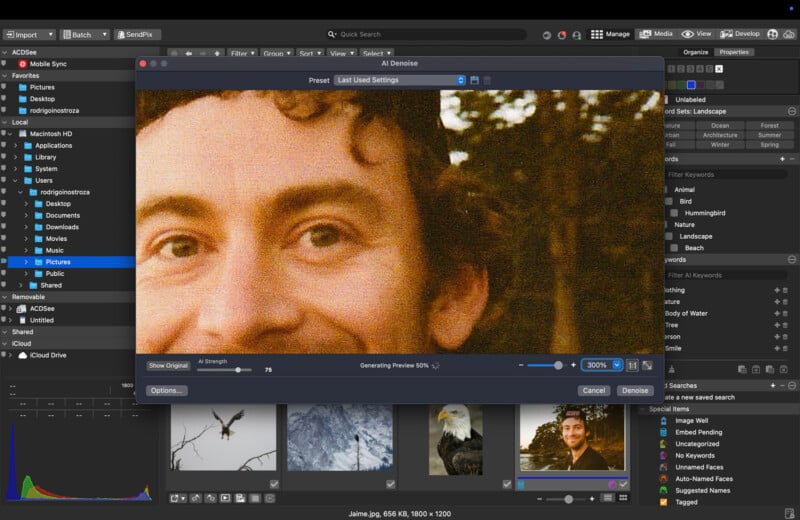 A computer screen displays a photo editing program. A close-up image of a smiling person is open for editing. Various photo folders, images of birds, and editing tools surround the main editing window.