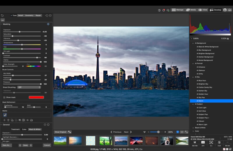 A photo editing software interface displays a city skyline at dusk with a tall tower, water in the foreground, and editing tools and a histogram visible on the screen.